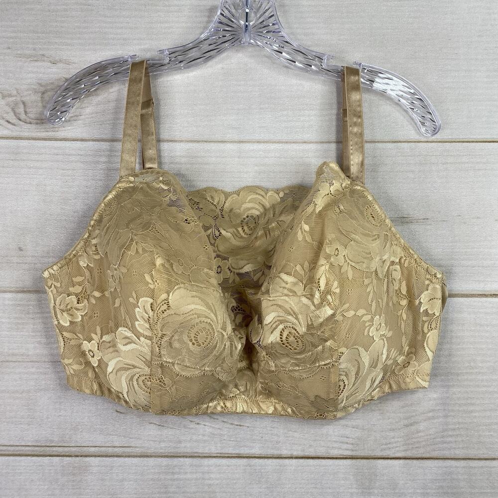 Comfort Choice Longline Lace Bra with Overlay Lace Sz 46D Beige Wireless Plus